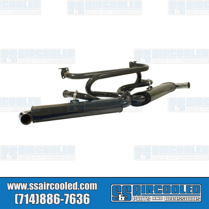 EMPI VW Dual Quiet Pack Exhaust System, 1-3/8in. 3-Bolt Street Header w/Mufflers, Black w/Chrome Tips, 00-3121-0, VW Bug, Ghia, Super Beetle EMPI VW Dual Quiet Pack Exhaust System, 1-3/8in. 3-Bolt Street Header w/Mufflers, Black w/Chrome Tips, 00-3121-0, VW Bug, Ghia, Super Beetle