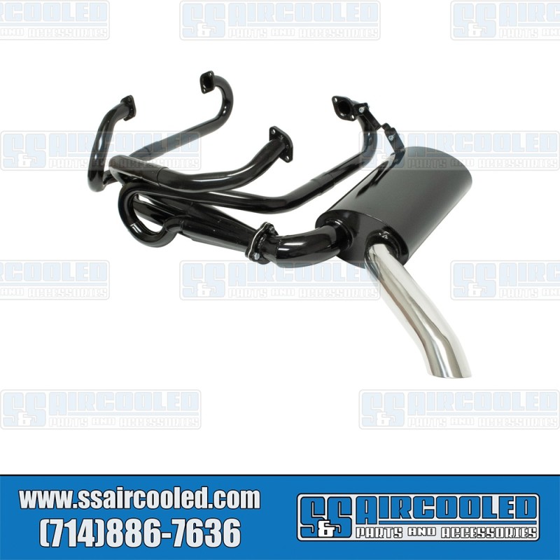 EMPI VW Sideflow Exhaust System, 1-1/2in. 3-Bolt Header w/Muffler, Black w/Stainless Steel Tip, 00-3450-0, VW Bus EMPI VW Sideflow Exhaust System, 1-1/2in. 3-Bolt Header w/Muffler, Black w/Stainless Steel Tip, 00-3450-0, VW Bus