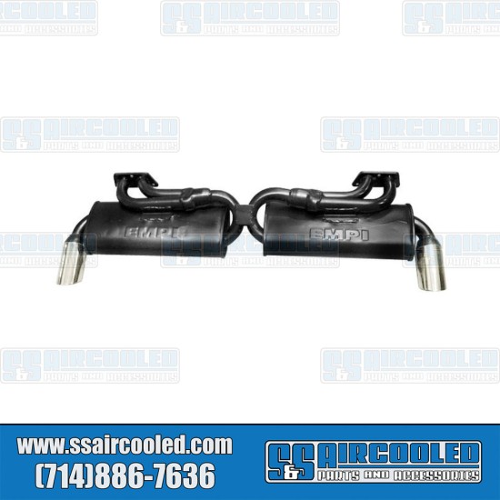 EMPI VW 2-Tip GT-Style Exhaust System, 1-1/2in. 3-Bolt Header w/Mufflers, Black w/Chrome Tips, 00-3483-0, VW Bus EMPI VW 2-Tip GT-Style Exhaust System, 1-1/2in. 3-Bolt Header w/Mufflers, Black w/Chrome Tips, 00-3483-0, VW Bus
