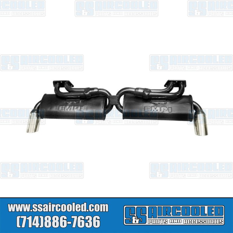 EMPI VW 2-Tip GT-Style Exhaust System, 1-1/2in. 3-Bolt Header w/Mufflers, Black w/Chrome Tips, 00-3483-0, VW Bus EMPI VW 2-Tip GT-Style Exhaust System, 1-1/2in. 3-Bolt Header w/Mufflers, Black w/Chrome Tips, 00-3483-0, VW Bus