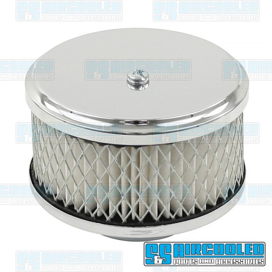 EMPI VW Air Filter Assembly, Kadron/Brosol/Solex/40K, Round, Paper Element, Chrome, 00-9013-0