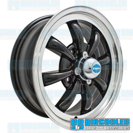 EMPI VW Wheel, GT-8, 8 Spoke, 15x5.5, 4x130 Pattern, Gloss Black w/Polished Lip, 00-9682-0