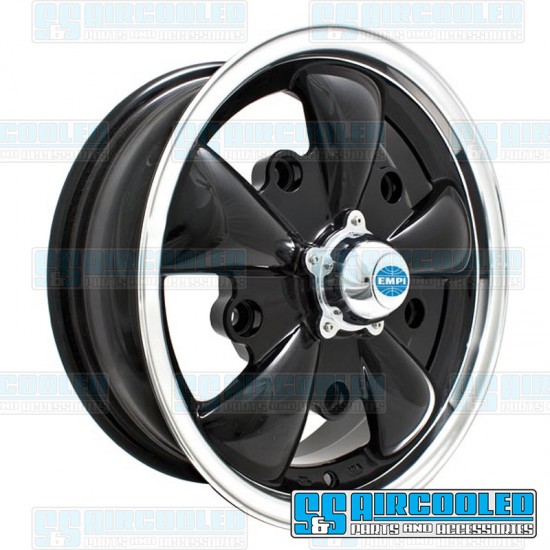 EMPI VW Wheel, GT-5, 5 Spoke, 15x5.5, 5x205 Pattern, Gloss Black w/Polished Lip, 00-9690-0