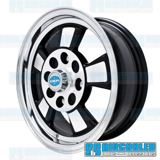 EMPI VW Wheel, Riviera, 15x5.5, 4x130 Pattern, Gloss Black w/Polished Spokes & Lip, 00-9732-0