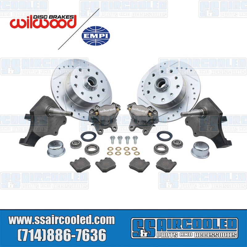 EMPI Disc Brake Kit, Front, 5x130/5x4.75, Silver 2-Piston Wilwood Calipers, Drilled and Slotted, Forged Drop Spindle, 22-6152-0, VW Bug, Ghia EMPI Disc Brake Kit, Front, 5x130/5x4.75, Silver 2-Piston Wilwood Calipers, Drilled and Slotted, Forged Drop Spindle, 22-6152-0, VW Bug, Ghia