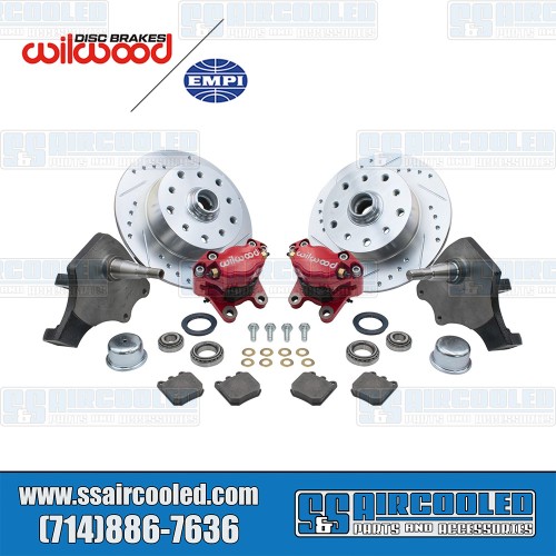Disc Brake Kit, Front, 5x130/5x4.75, Red 2-Piston Wilwood Calipers, Drilled and Slotted, Forged Drop Spindle Disc Brake Kit, Front, 5x130/5x4.75, Red 2-Piston Wilwood Calipers, Drilled and Slotted, Forged Drop Spindle