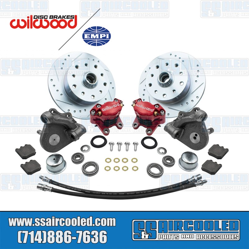 EMPI Disc Brake Kit, Front, 5x130/5x4.75, Red 2-Piston Wilwood Calipers, Drilled and Slotted, Forged Drop Spindle, 22-6153-R, VW Bug, Ghia EMPI Disc Brake Kit, Front, 5x130/5x4.75, Red 2-Piston Wilwood Calipers, Drilled and Slotted, Forged Drop Spindle, 22-6153-R, VW Bug, Ghia