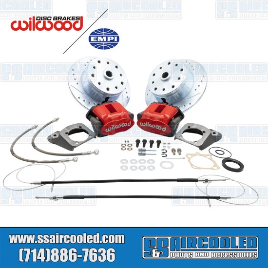 EMPI VW Disc Brake Kit, Front, 5x130/5x4.75, Drilled and Slotted, Red Wilwood e-Brake Calipers, Cast Brackets, Bolt-On, 22-6154-R, VW Bug, Ghia EMPI VW Disc Brake Kit, Front, 5x130/5x4.75, Drilled and Slotted, Red Wilwood e-Brake Calipers, Cast Brackets, Bolt-On, 22-6154-R, VW Bug, Ghia