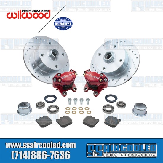 EMPI Disc Brake Kit, Front, 4x130mm, Red 2-Piston Wilwood Caliper, Drilled and Slotted, Bolt-On, VW Bug, Ghia EMPI Disc Brake Kit, Front, 4x130mm, Red 2-Piston Wilwood Caliper, Drilled and Slotted, Bolt-On, VW Bug, Ghia