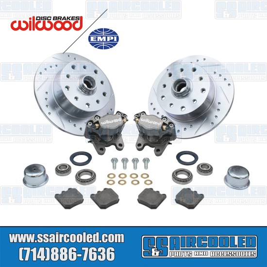 EMPI Disc Brake Kit, Front, 5x130/5x4.75, Silver 2-Piston Wilwood Calipers, Drilled and Slotted, Bolt-On, 22-6158-0, VW Bug, Ghia EMPI Disc Brake Kit, Front, 5x130/5x4.75, Silver 2-Piston Wilwood Calipers, Drilled and Slotted, Bolt-On, 22-6158-0, VW Bug, Ghia