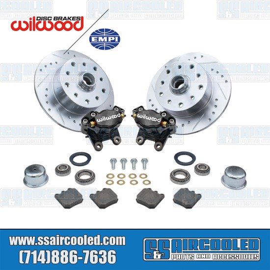 EMPI Disc Brake Kit, Front, 5x130/5x4.75, Black 2-Piston Wilwood Calipers, Drilled and Slotted, Bolt-On, 22-6158-B, VW Bug, Ghia EMPI Disc Brake Kit, Front, 5x130/5x4.75, Black 2-Piston Wilwood Calipers, Drilled and Slotted, Bolt-On, 22-6158-B, VW Bug, Ghia