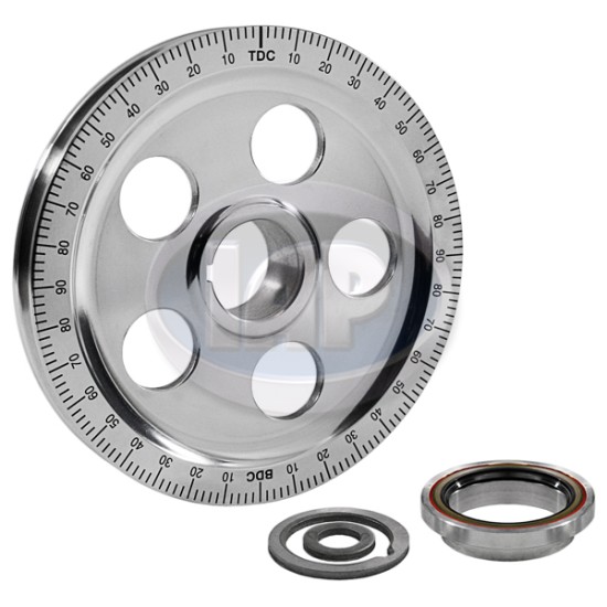  VW Crankshaft Pulley, 6-3/4in, Sand Seal, Aluminum, 5-Hole, Polished w/Black Numbers, AC105283B, , VW Bug, Super Beetle, Ghia, Bus, Thing